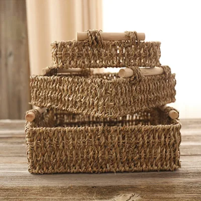 Boîte de rangement de panier de rangement de bureau tissé à la main avec poignée en bois tissé d'herbe